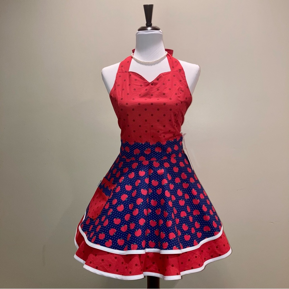 Blue and Red Apple and Polka Dot Retro Style Apron